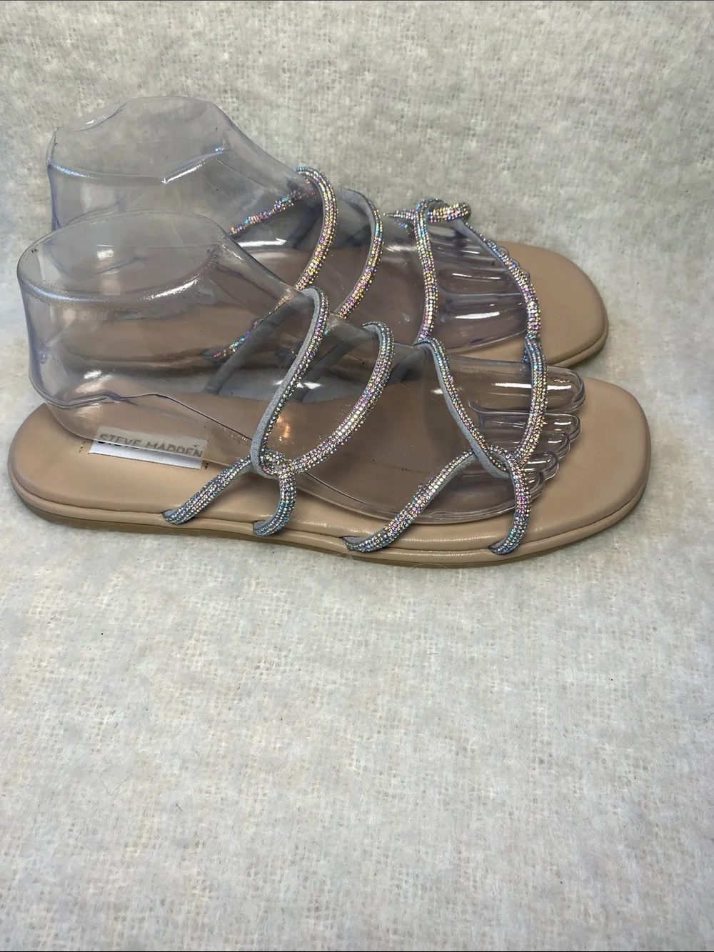 Steve Madden Tan Slide Sandals with Iridescent Beaded Straps